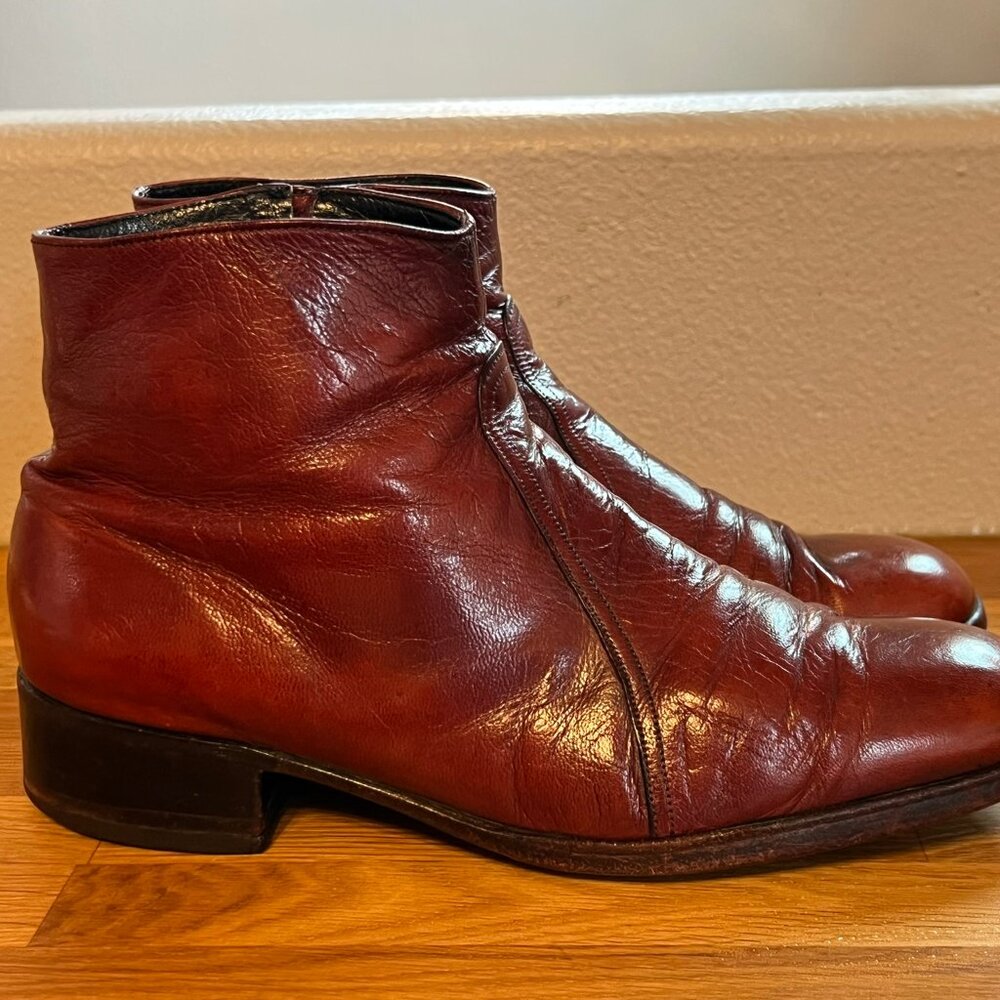 Brown Leather Ankle Boots Women’s 8 Side Zip Low Heel Classic